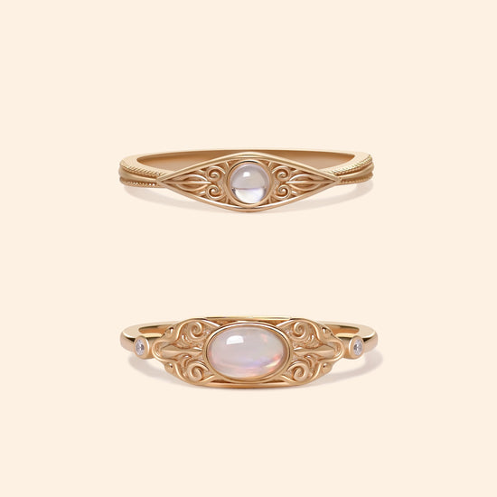 Ethiopian fire opal and rainbow moonstone gold filigree ring set
