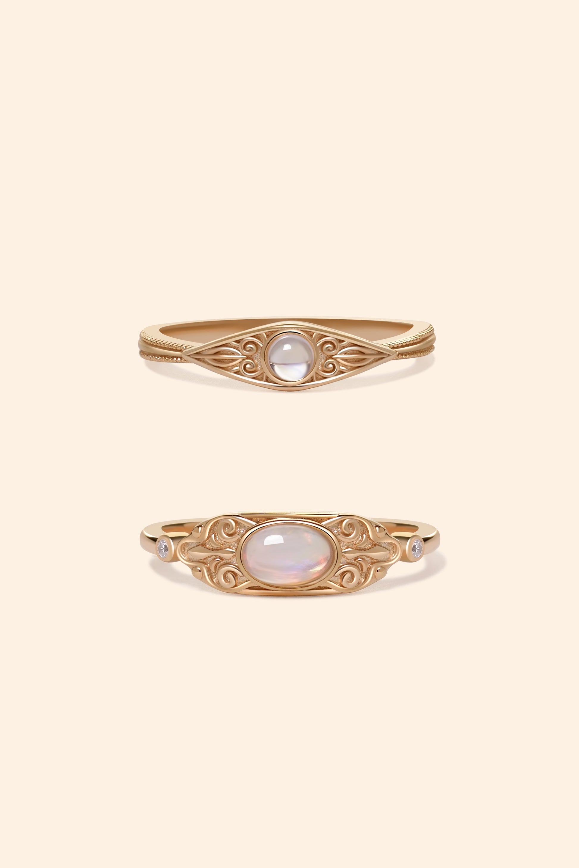 Ethiopian fire opal and rainbow moonstone gold filigree ring set