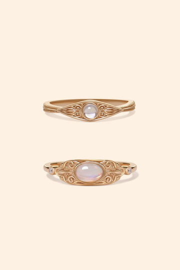 Ethiopian fire opal and rainbow moonstone gold filigree ring set