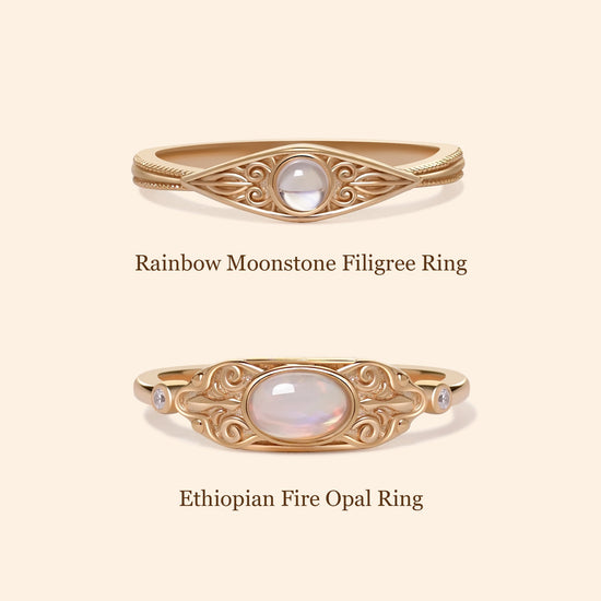 Ethiopian fire opal and rainbow moonstone gold filigree ring set