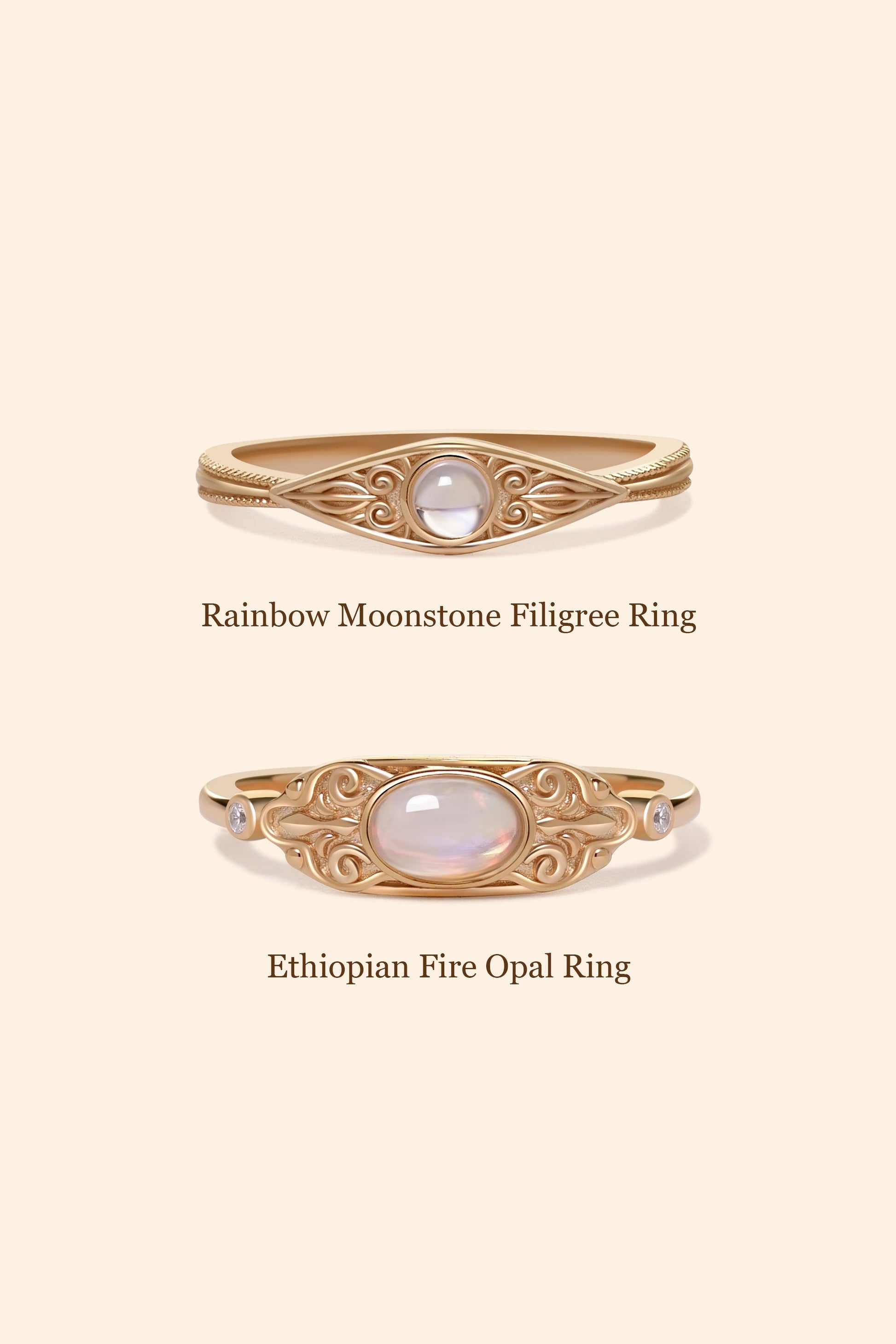 Ethiopian fire opal and rainbow moonstone gold filigree ring set