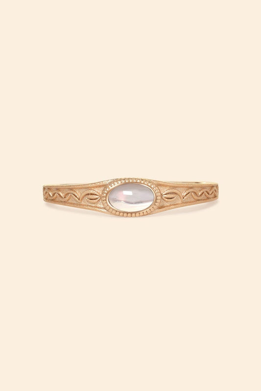 Vintage-style 14k gold plated ring with intricate wave scroll engravings and an oval opal cabochon, handcrafted ancient relic jewelry by LIRAE.