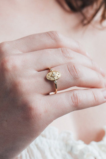 Dainty gold celestial compass ring with oval starburst design and sparkling accents