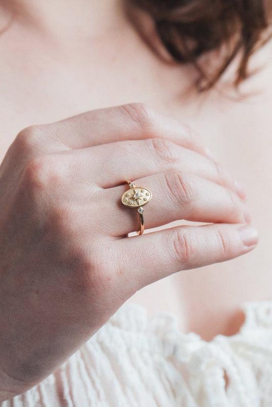 Dainty gold celestial compass ring with oval starburst design and sparkling accents