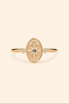 Dainty gold celestial compass ring with oval starburst design and sparkling accents