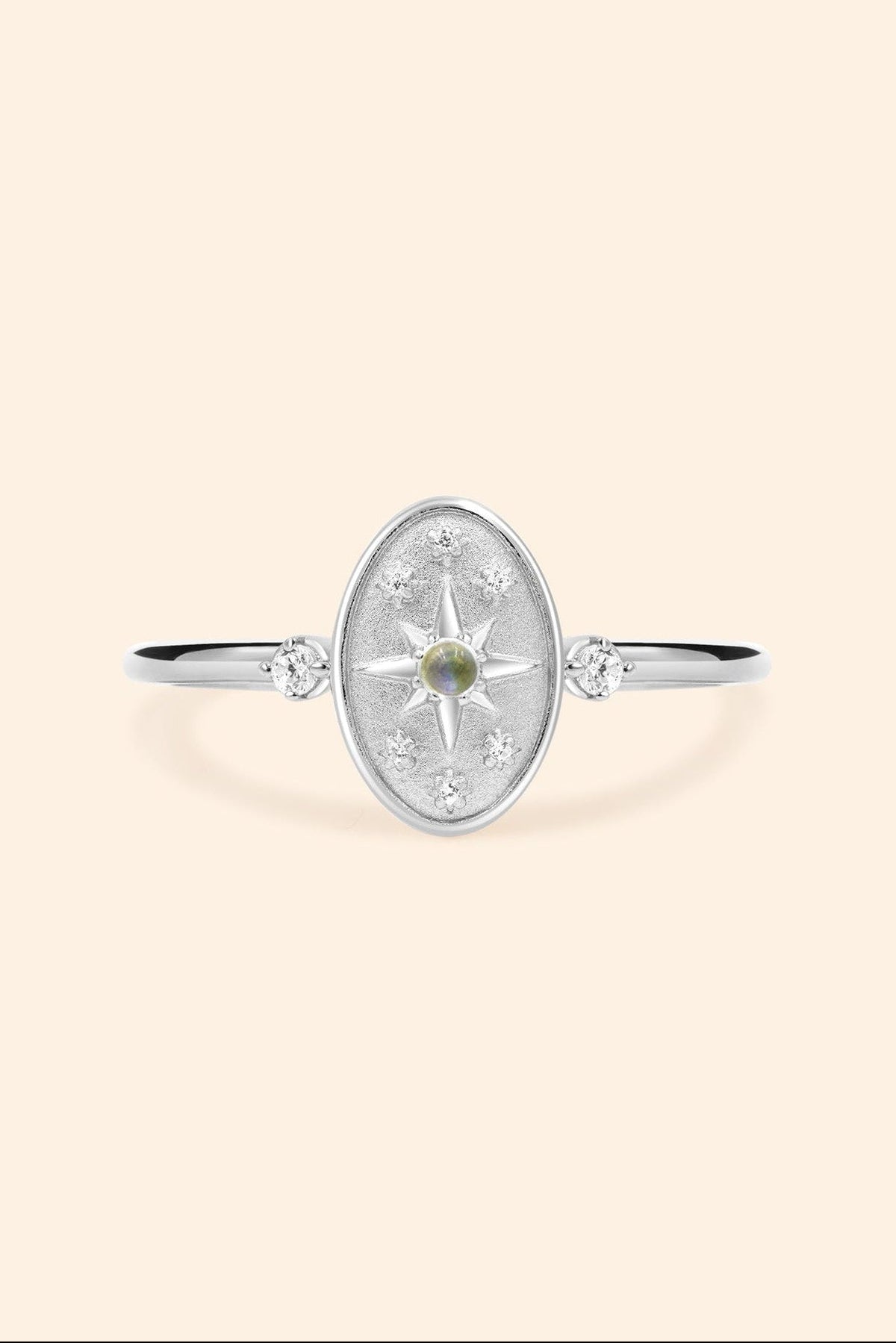Dainty silver celestial compass ring with oval starburst design and sparkling accents