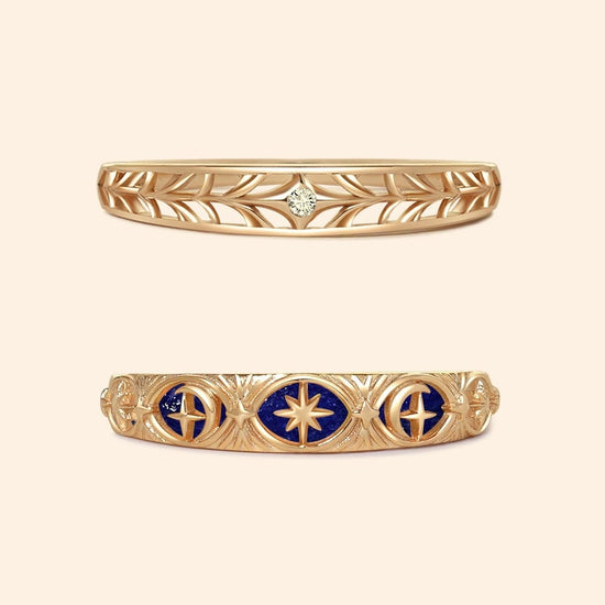 Hand-made gold star band with Crescent Moon and North Star motifs, celestial-inspired wedding or stacking ring by LIRAE.
