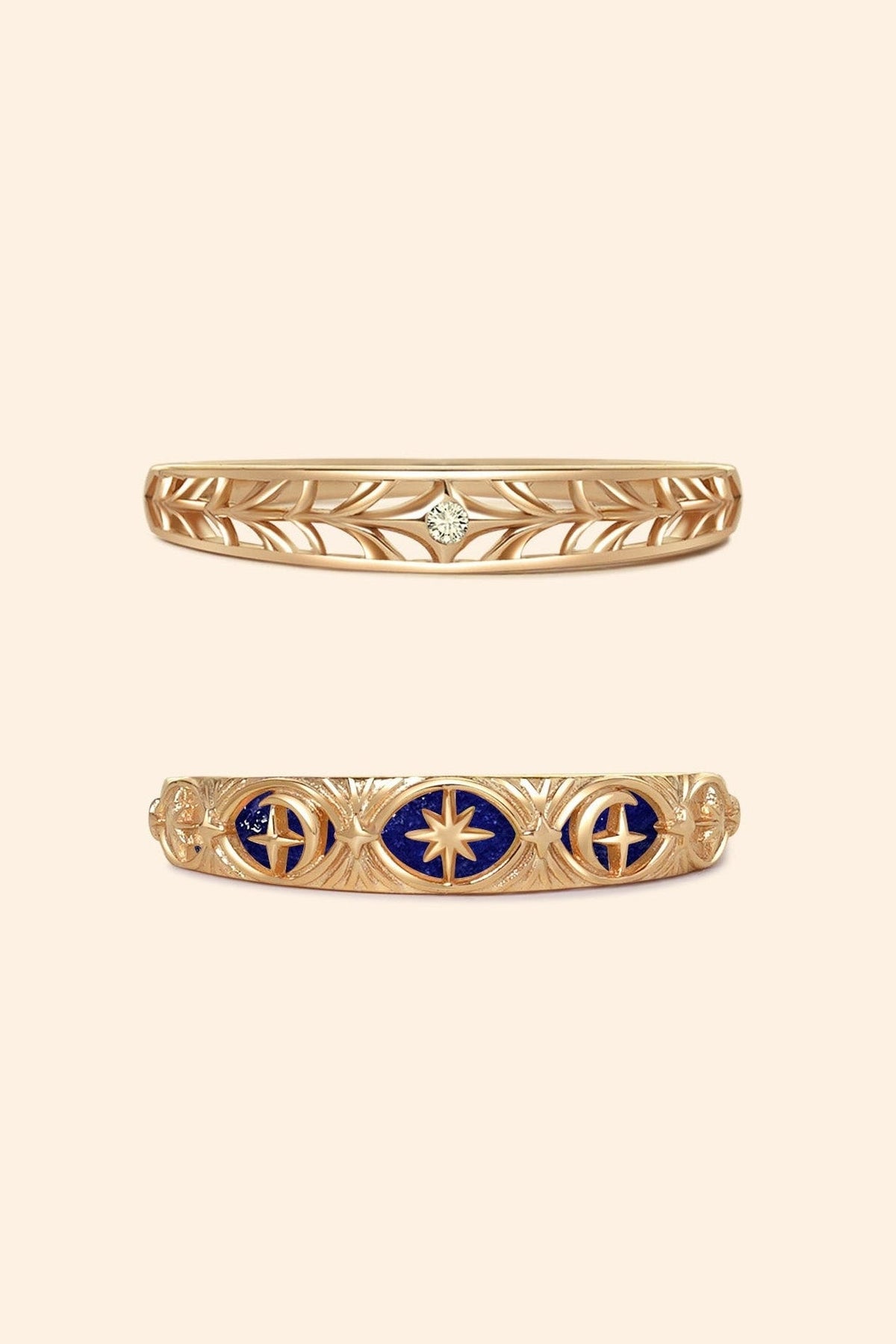 Hand-made gold star band with Crescent Moon and North Star motifs, celestial-inspired wedding or stacking ring by LIRAE.