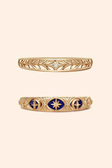 Hand-made gold star band with Crescent Moon and North Star motifs, celestial-inspired wedding or stacking ring by LIRAE.