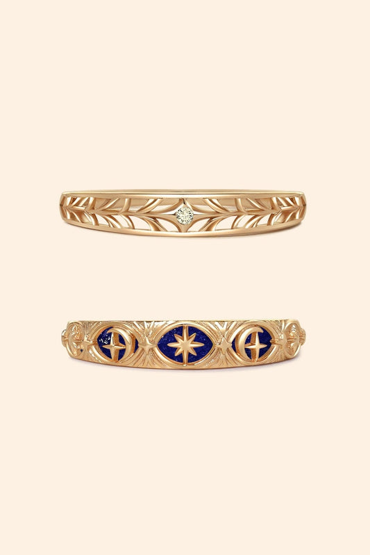 Hand-made gold star band with Crescent Moon and North Star motifs, celestial-inspired wedding or stacking ring by LIRAE.