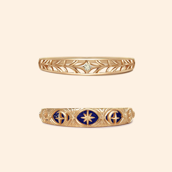 Hand-made gold star band with Crescent Moon and North Star motifs, celestial-inspired wedding or stacking ring by LIRAE.