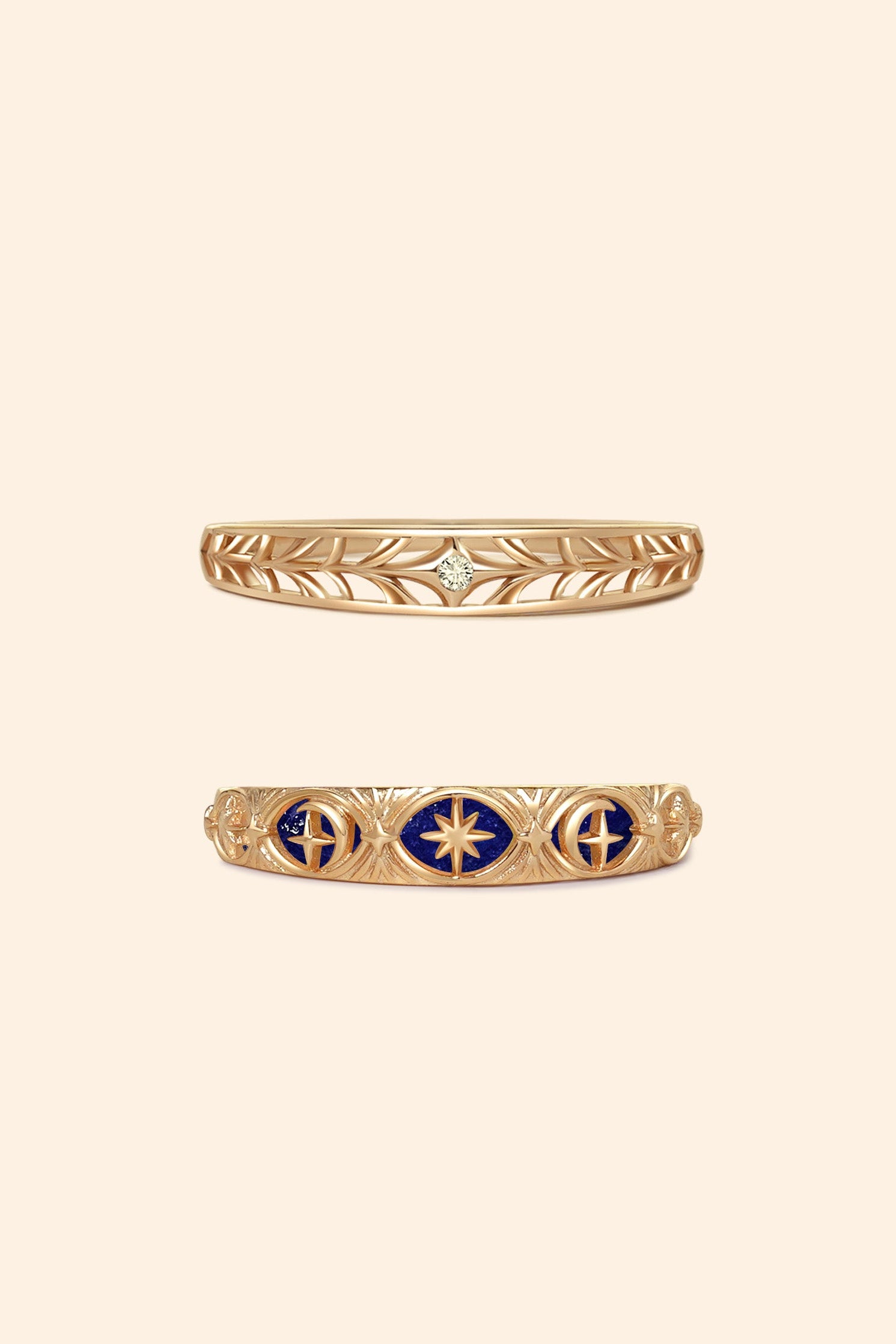 Hand-made gold star band with Crescent Moon and North Star motifs, celestial-inspired wedding or stacking ring by LIRAE.