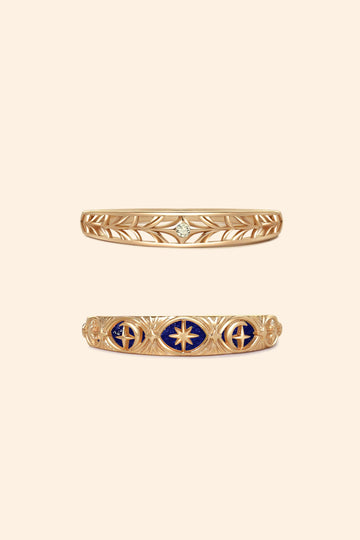 Hand-made gold star band with Crescent Moon and North Star motifs, celestial-inspired wedding or stacking ring by LIRAE.