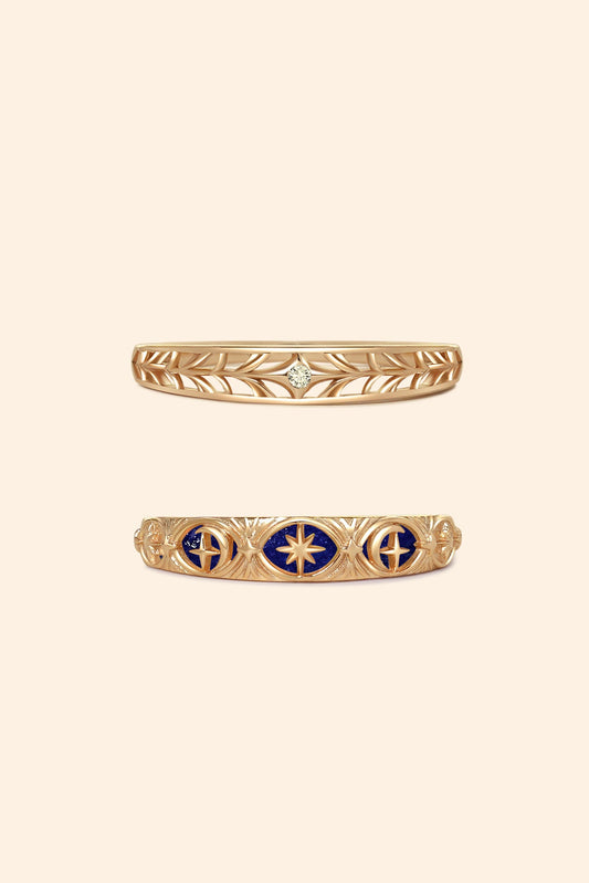 Hand-made gold star band with Crescent Moon and North Star motifs, celestial-inspired wedding or stacking ring by LIRAE.