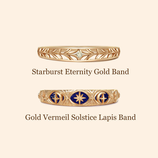 Hand-made gold star band with Crescent Moon and North Star motifs, celestial-inspired wedding or stacking ring by LIRAE.