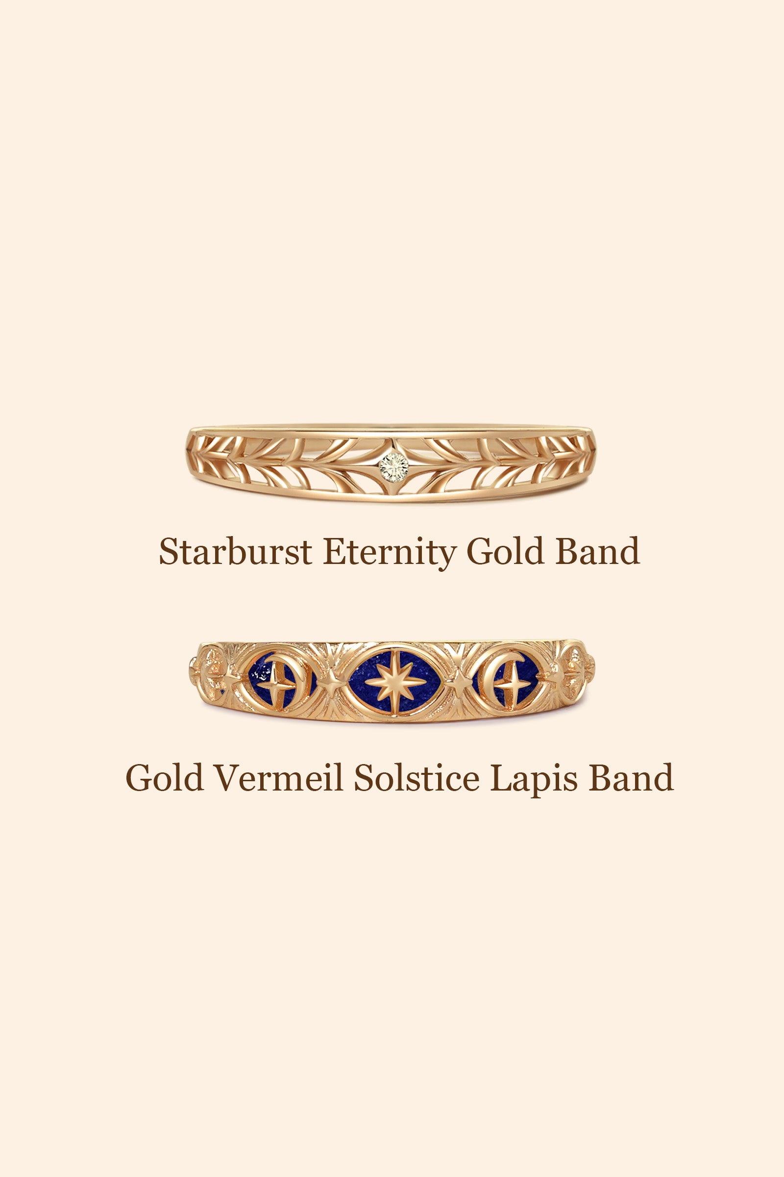 Hand-made gold star band with Crescent Moon and North Star motifs, celestial-inspired wedding or stacking ring by LIRAE.