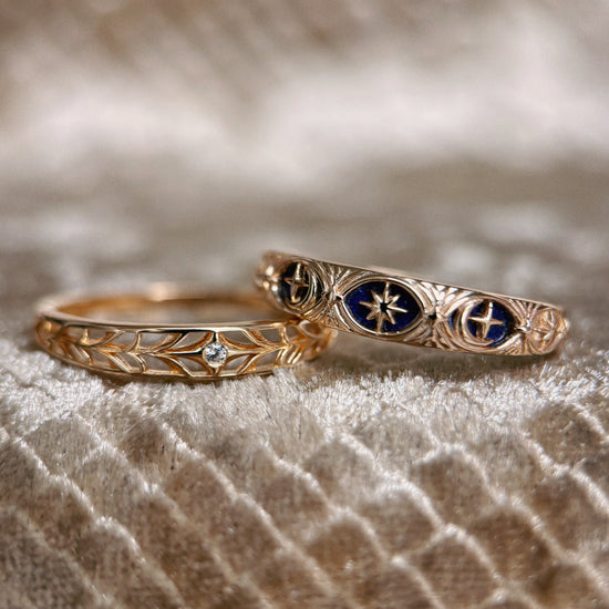 Hand-made gold star band with Crescent Moon and North Star motifs, celestial-inspired wedding or stacking ring by LIRAE.