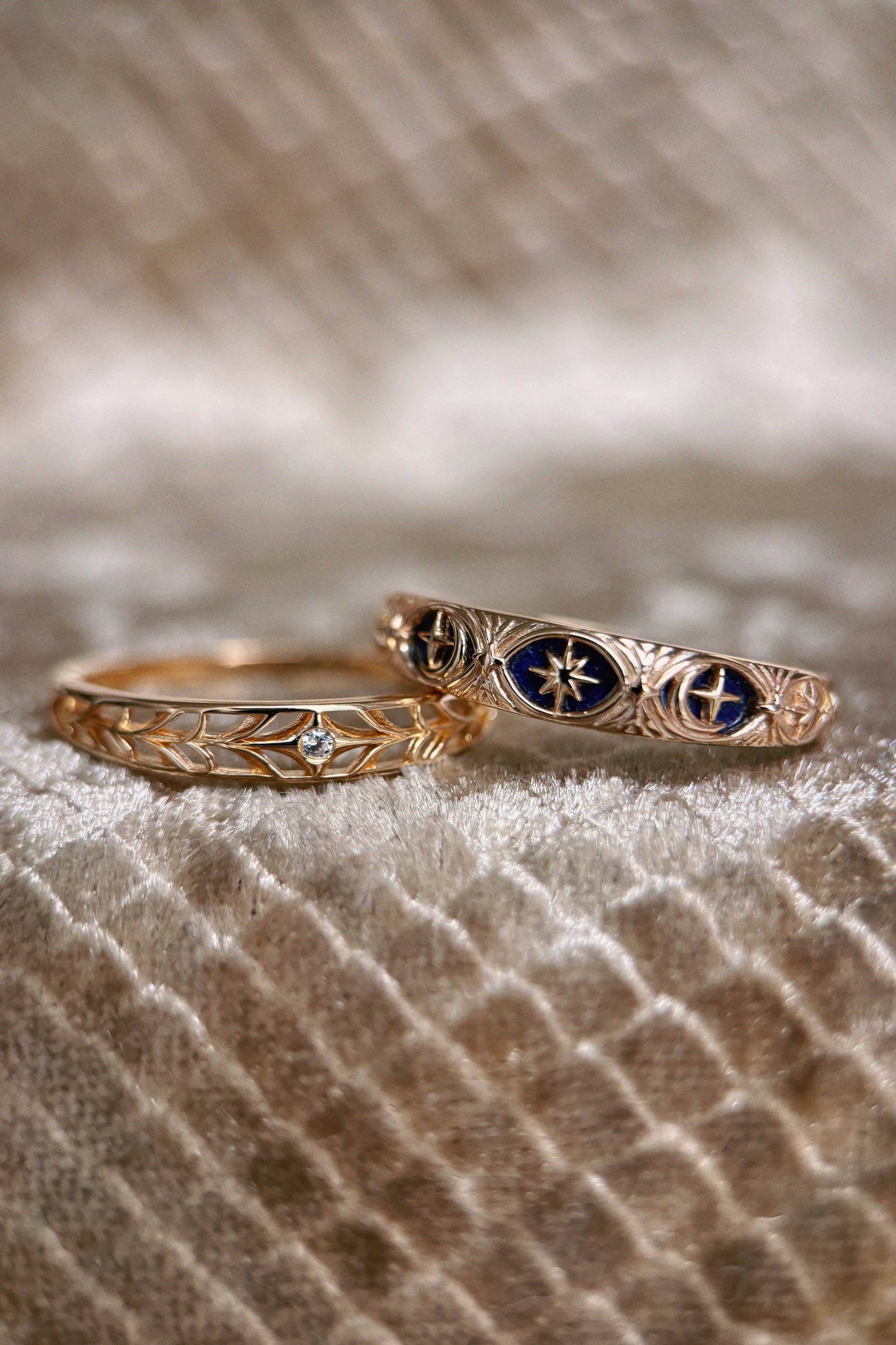 Hand-made gold star band with Crescent Moon and North Star motifs, celestial-inspired wedding or stacking ring by LIRAE.