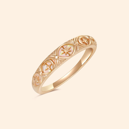 Hand-made 14k gold star band with Crescent Moon and North Star motifs, celestial-inspired wedding or stacking ring by LIRAE.