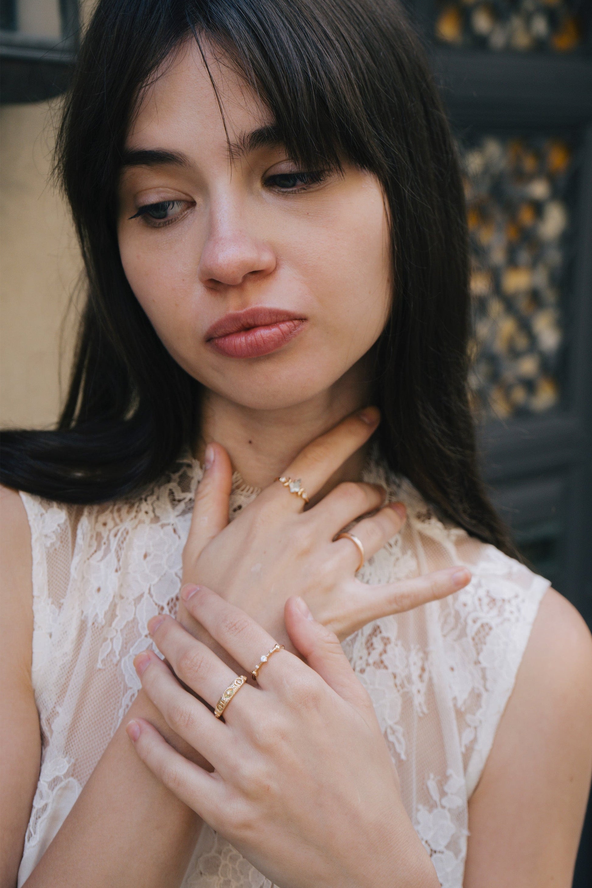 Hand-made 14k gold star band with Crescent Moon and North Star motifs, celestial-inspired wedding or stacking ring by LIRAE.