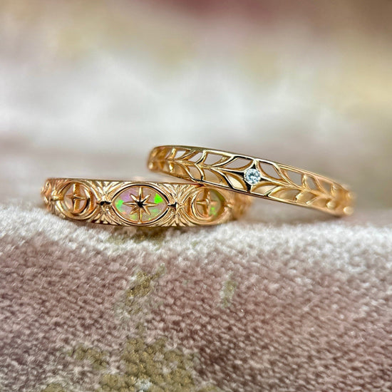 Hand-made 14k gold star band with Crescent Moon and North Star motifs, celestial-inspired wedding or stacking ring by LIRAE.