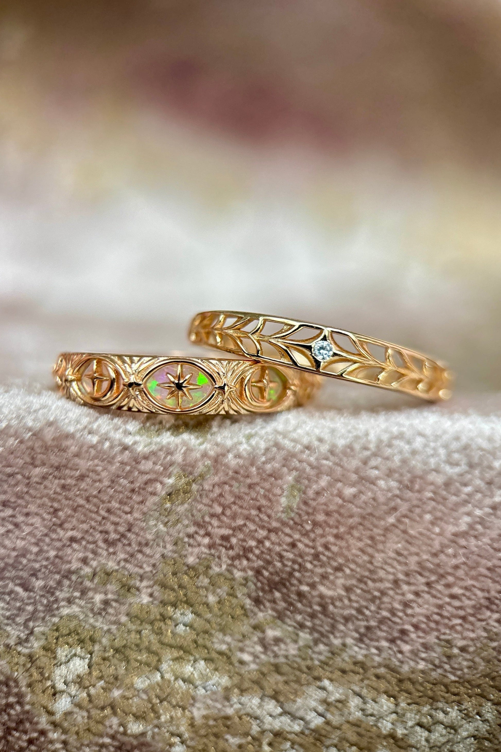 Hand-made 14k gold star band with Crescent Moon and North Star motifs, celestial-inspired wedding or stacking ring by LIRAE.