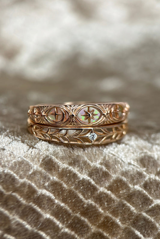 Hand-made 14k gold star band with Crescent Moon and North Star motifs, celestial-inspired wedding or stacking ring by LIRAE.