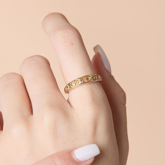 Hand-made 14k gold star band with Crescent Moon and North Star motifs, celestial-inspired wedding or stacking ring by LIRAE.