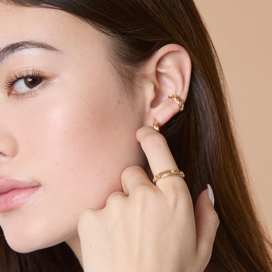 Hand-made 14k gold star band with Crescent Moon and North Star motifs, celestial-inspired wedding or stacking ring by LIRAE.