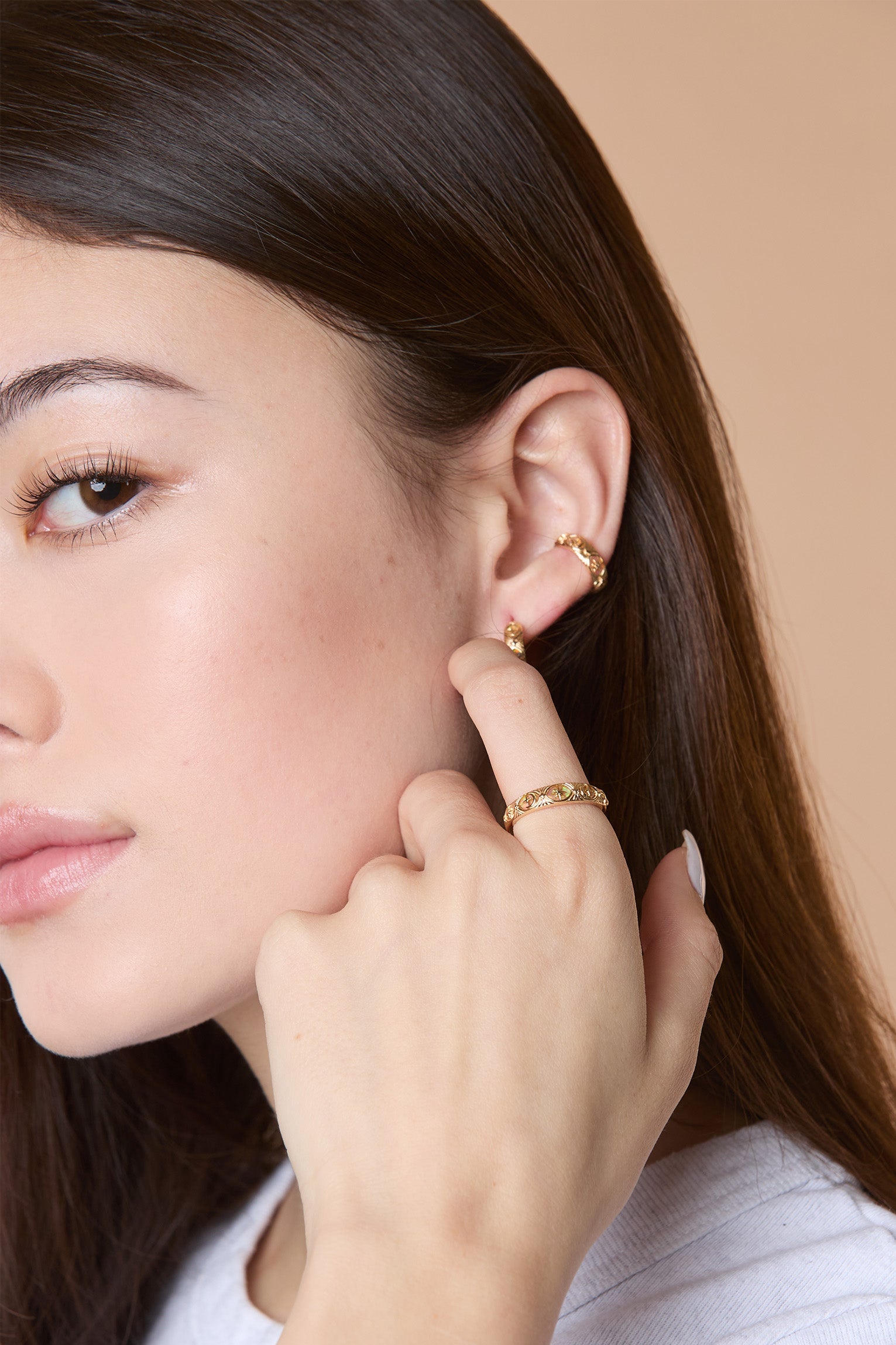 Hand-made 14k gold star band with Crescent Moon and North Star motifs, celestial-inspired wedding or stacking ring by LIRAE.