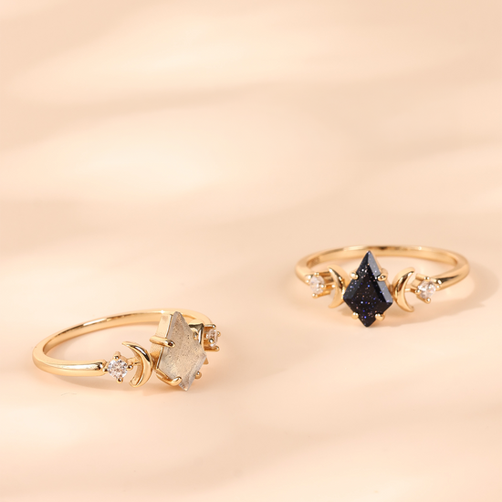 Hand-made 14k gold star band with Crescent Moon and North Star motifs, celestial-inspired wedding or stacking ring by LIRAE.