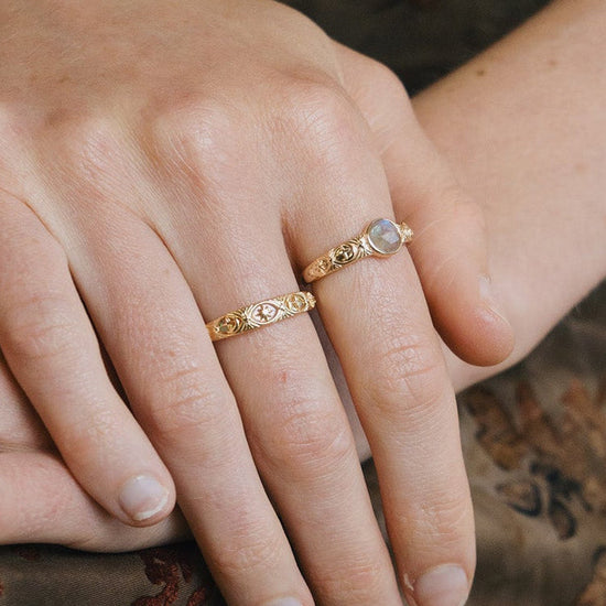 Hand-made 14k gold star band with Crescent Moon and North Star motifs, celestial-inspired wedding or stacking ring by LIRAE.