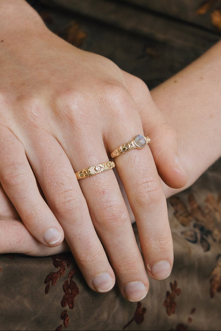 Hand-made 14k gold star band with Crescent Moon and North Star motifs, celestial-inspired wedding or stacking ring by LIRAE.