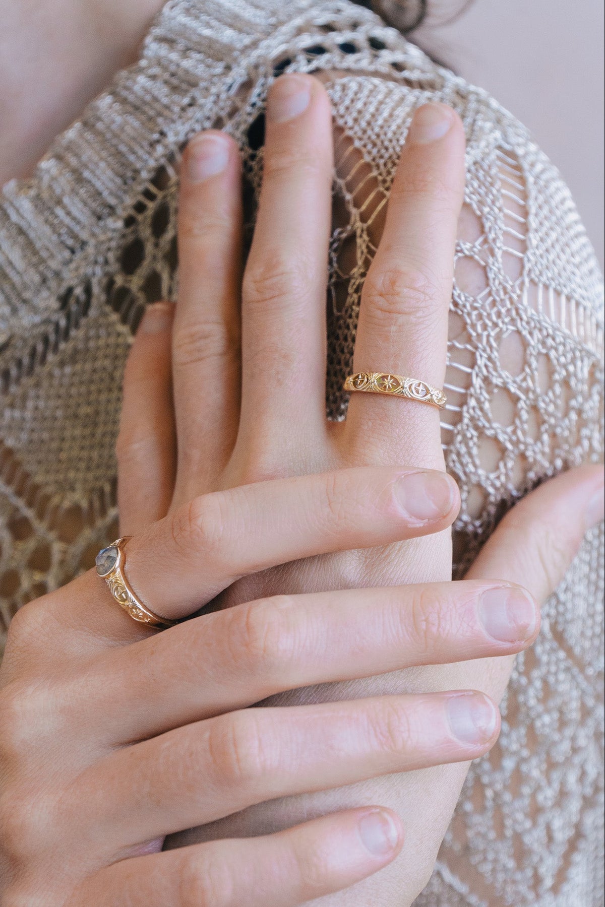Hand-made 14k gold star band with Crescent Moon and North Star motifs, celestial-inspired wedding or stacking ring by LIRAE.