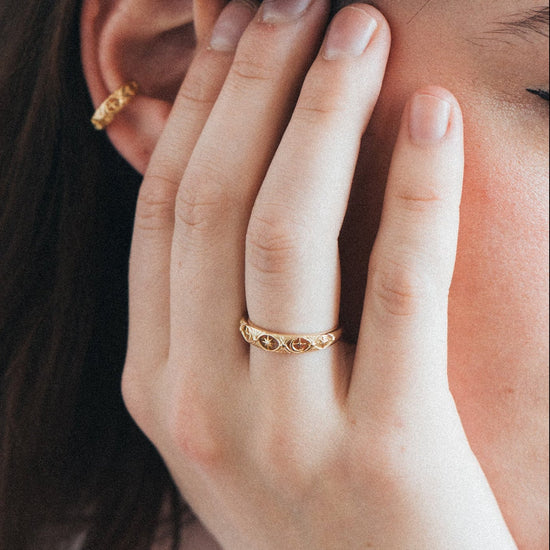 Hand-made 14k vermeil gold star band with Crescent Moon and North Star motifs, celestial-inspired wedding or stacking ring by LIRAE.