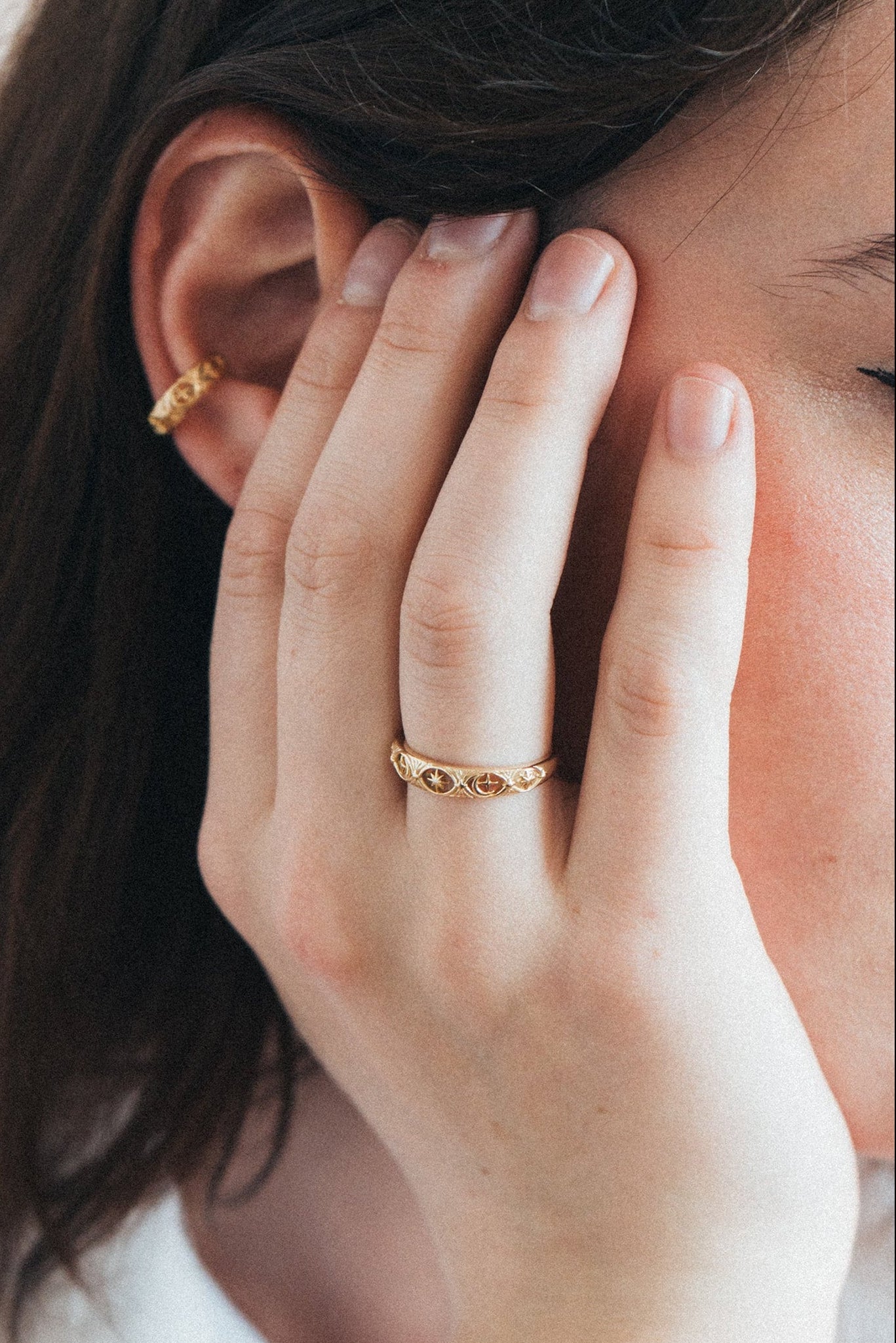 Hand-made 14k vermeil gold star band with Crescent Moon and North Star motifs, celestial-inspired wedding or stacking ring by LIRAE.
