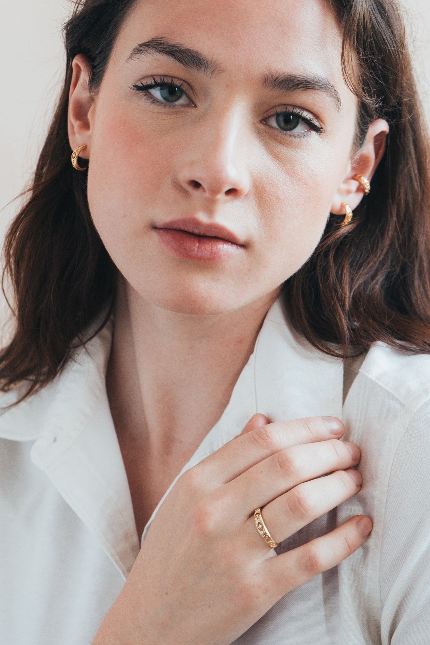 Hand-made 14k gold star band with Crescent Moon and North Star motifs, celestial-inspired wedding or stacking ring by LIRAE.