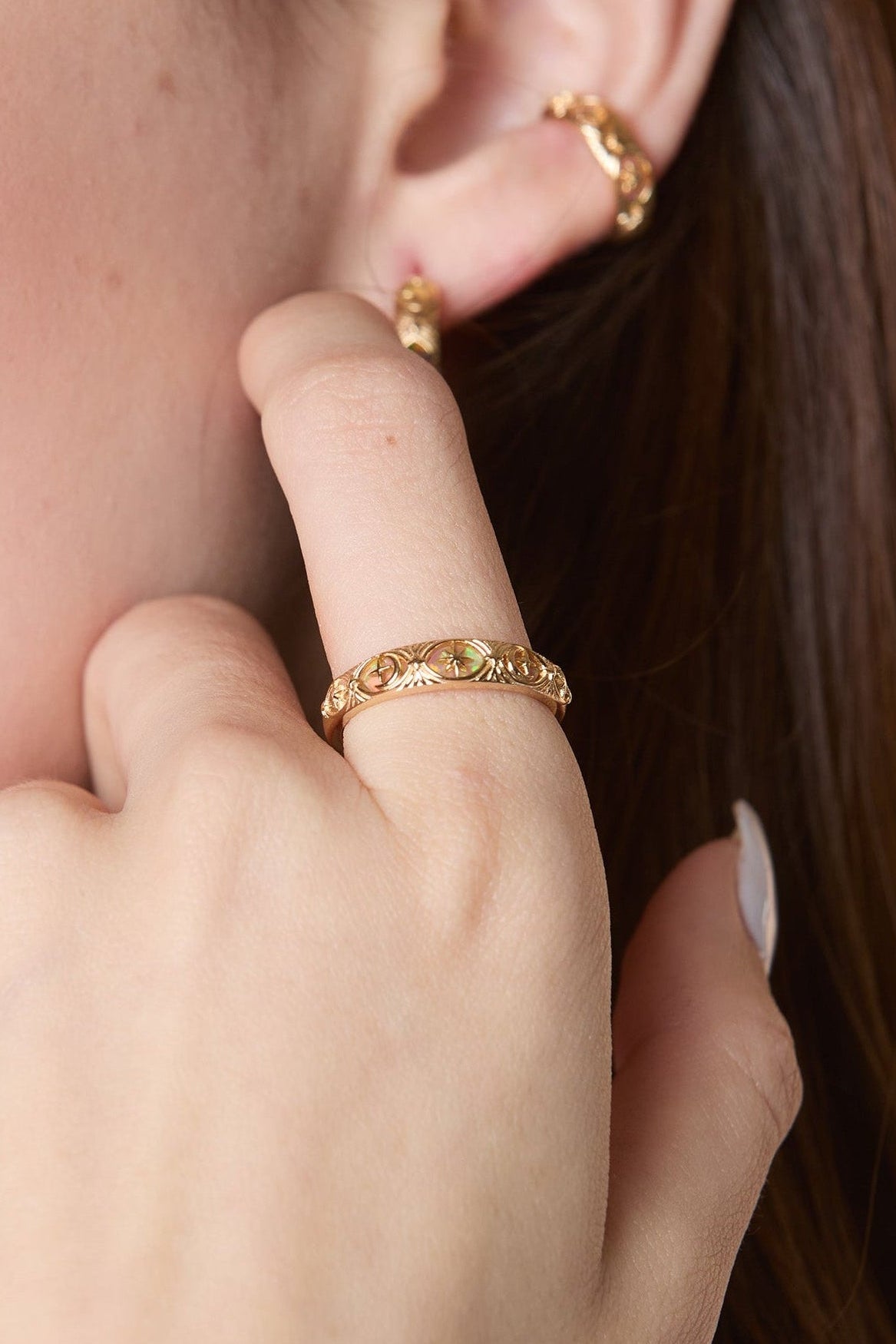 Hand-made 14k gold star band with Crescent Moon and North Star motifs, celestial-inspired wedding or stacking ring by LIRAE.