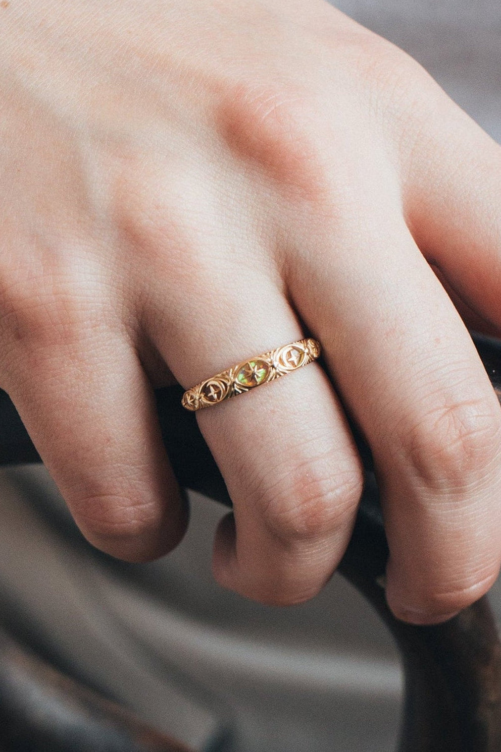 Hand-made 14k gold star band with Crescent Moon and North Star motifs, celestial-inspired wedding or stacking ring by LIRAE.