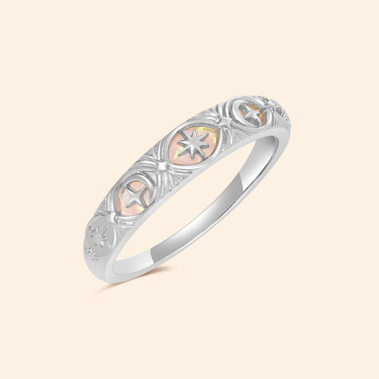 Hand-made silver star band with Crescent Moon and North Star motifs, celestial-inspired wedding or stacking ring by LIRAE.