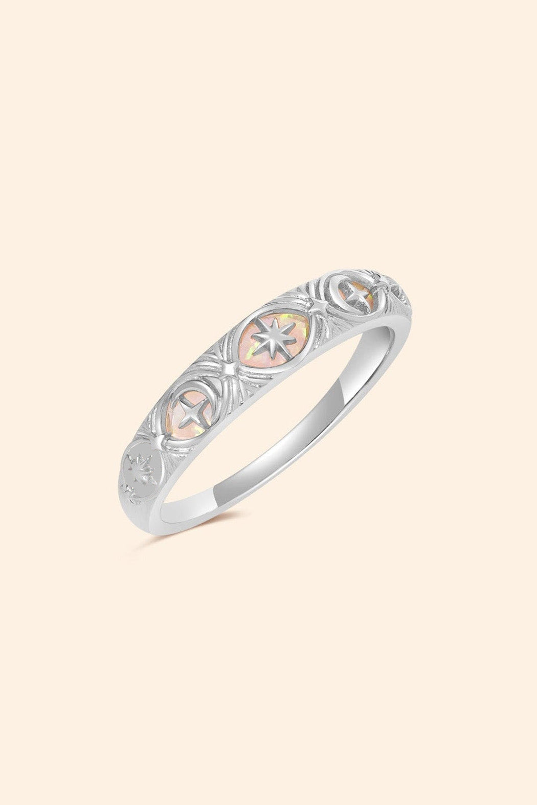 Hand-made silver star band with Crescent Moon and North Star motifs, celestial-inspired wedding or stacking ring by LIRAE.