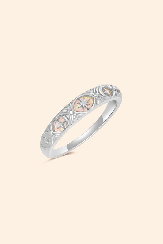 Hand-made silver star band with Crescent Moon and North Star motifs, celestial-inspired wedding or stacking ring by LIRAE.