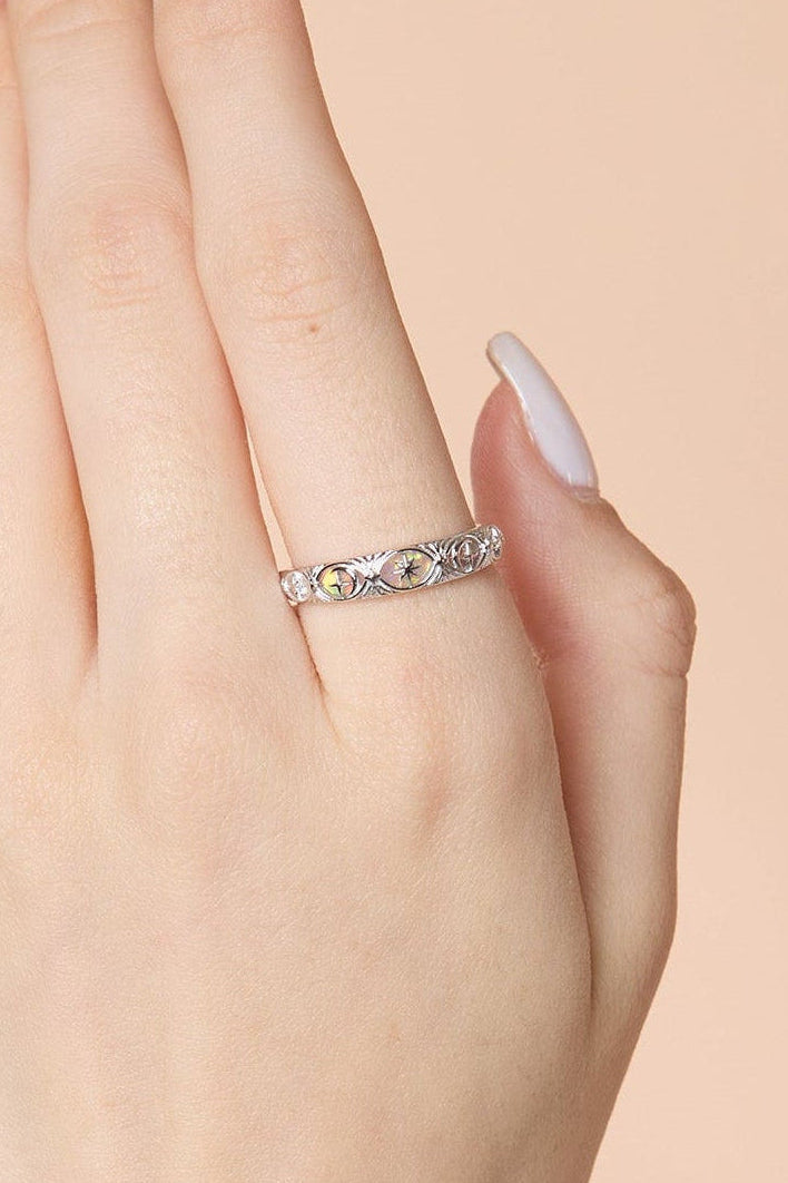 Hand-made silver star band with Crescent Moon and North Star motifs, celestial-inspired wedding or stacking ring by LIRAE.