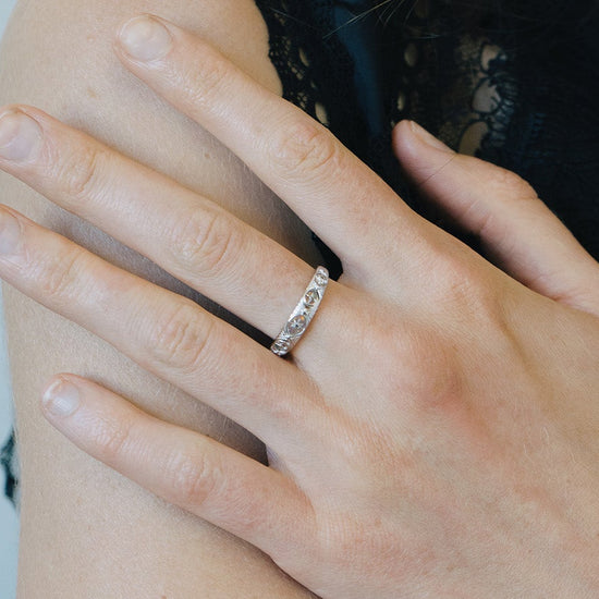 Hand-made silver star band with Crescent Moon and North Star motifs, celestial-inspired wedding or stacking ring by LIRAE.