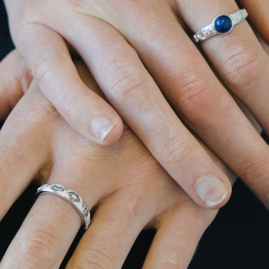 Hand-made silver star band with Crescent Moon and North Star motifs, celestial-inspired wedding or stacking ring by LIRAE.