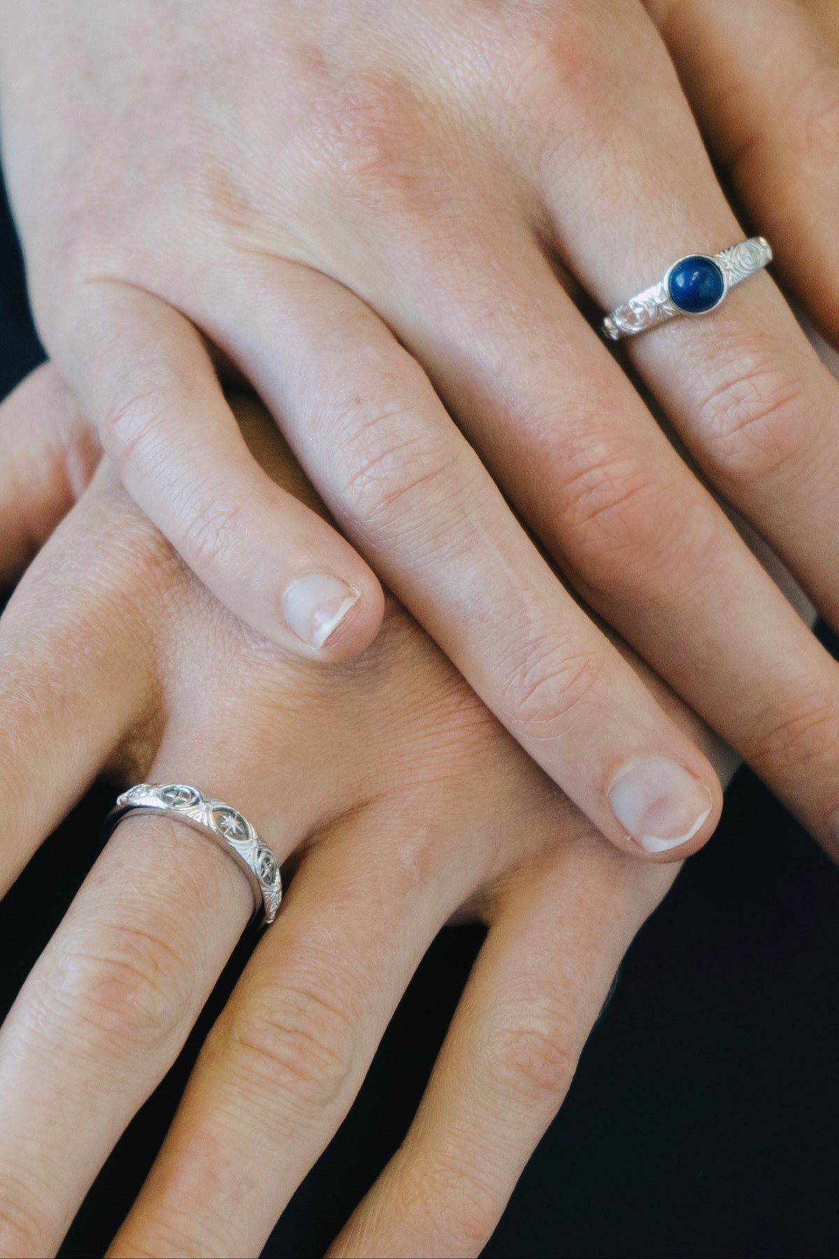 Hand-made silver star band with Crescent Moon and North Star motifs, celestial-inspired wedding or stacking ring by LIRAE.