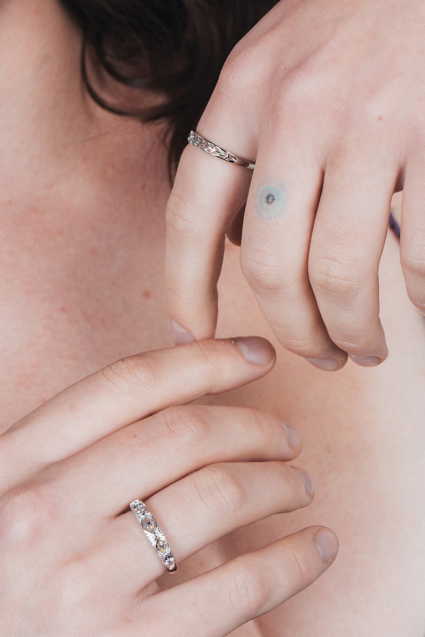 Hand-made silver band with Crescent Moon and North Star motifs, celestial-inspired wedding or stacking ring by LIRAE.
