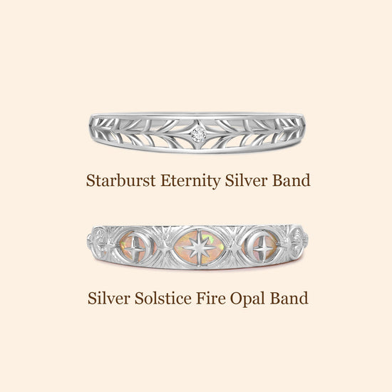 Hand-made silver band with Crescent Moon and North Star motifs, celestial-inspired wedding or stacking ring by LIRAE.
