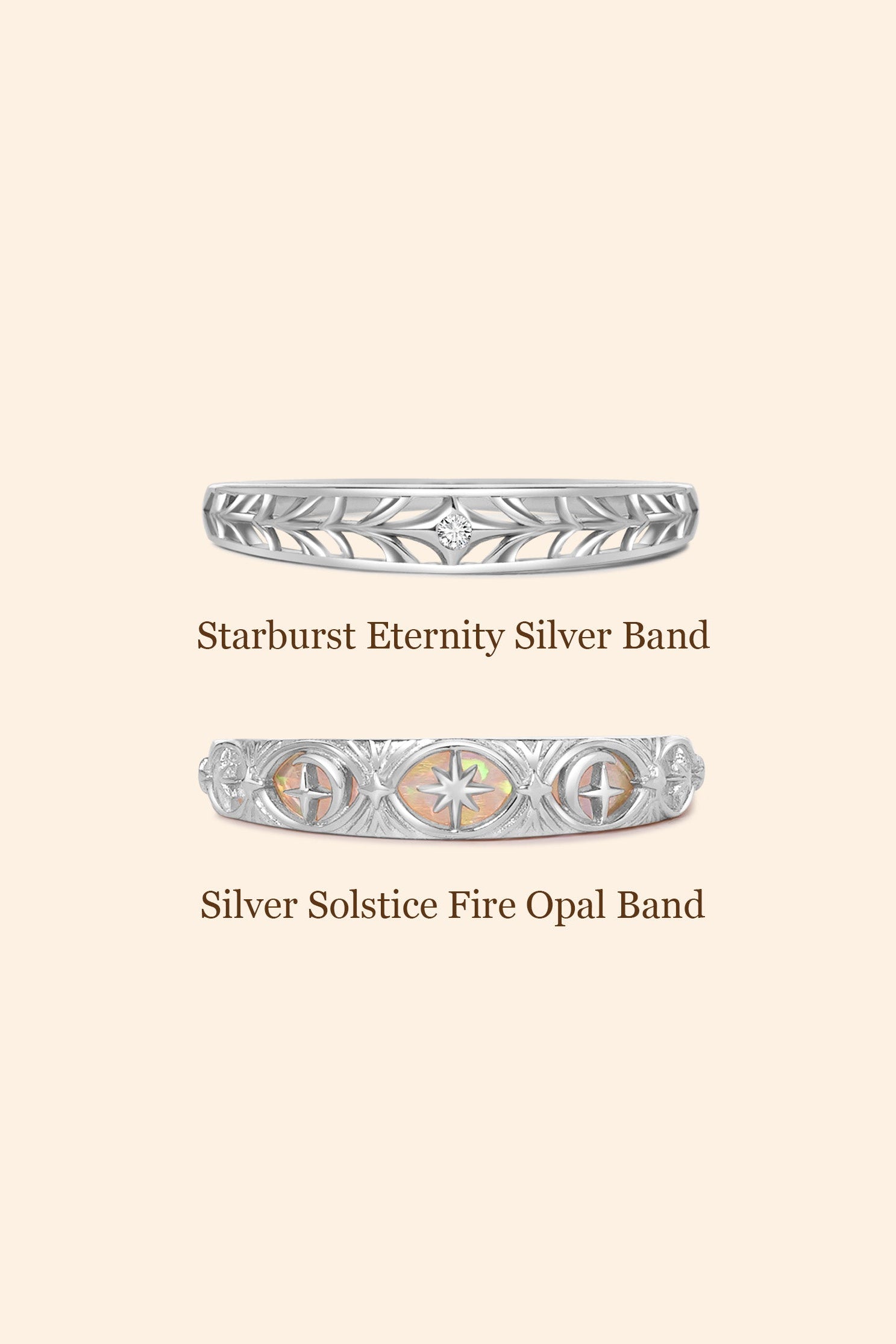Hand-made silver band with Crescent Moon and North Star motifs, celestial-inspired wedding or stacking ring by LIRAE.