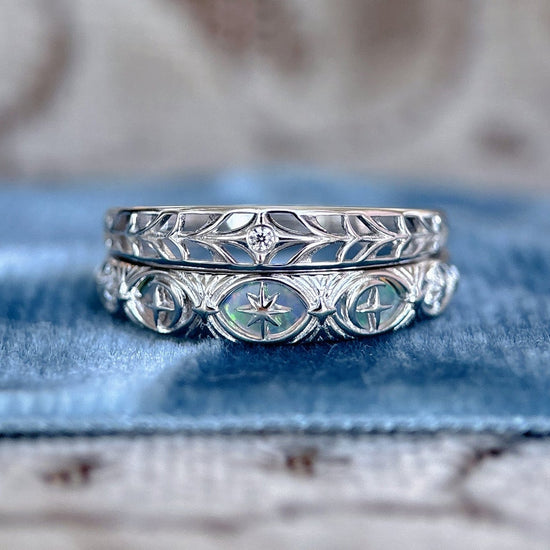 Hand-made silver band with Crescent Moon and North Star motifs, celestial-inspired wedding or stacking ring by LIRAE.